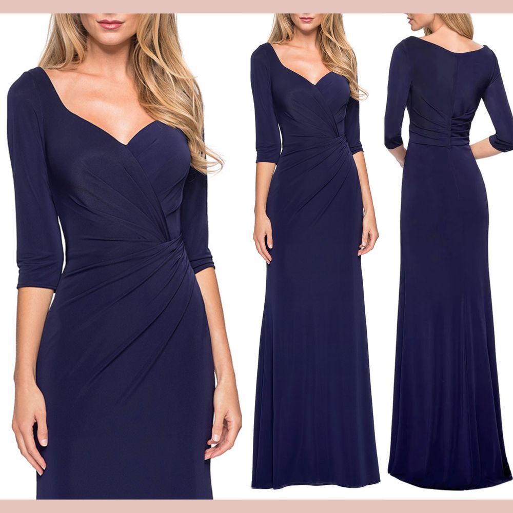 NEW $365 La Femme‎ [ 8 ] V Neck Ruched Jersey Column Gown in Blue